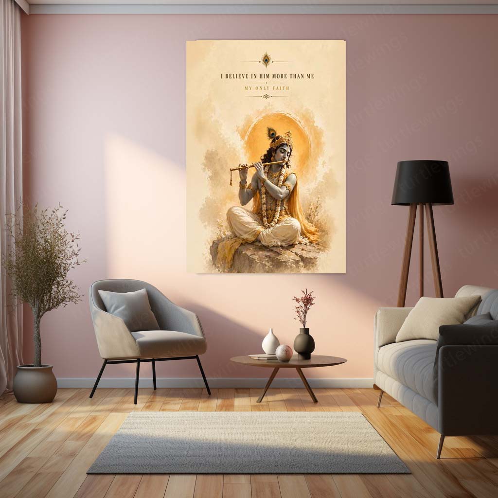 Spiritual Metal Poster | Lord Krishna Flute Metal Poster | I Believe in Him More Than Me Spiritual Wall Art | Devotional Krishna Metal Print