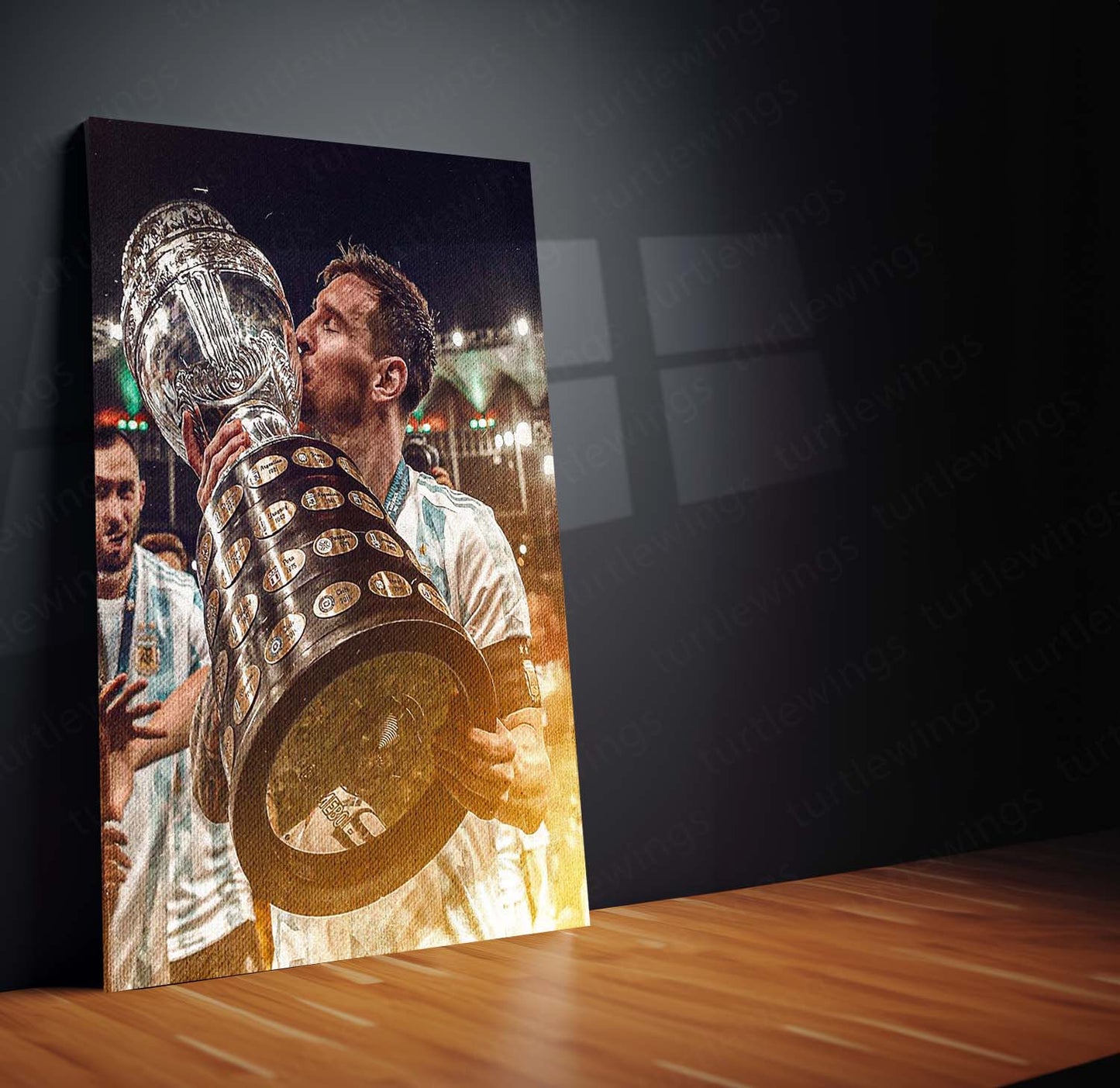 Lionel Messi Lifting Copa América Trophy – Argentina Kit Celebration Metal Frame | Iconic Football Wall Art - TURTLEWINGS