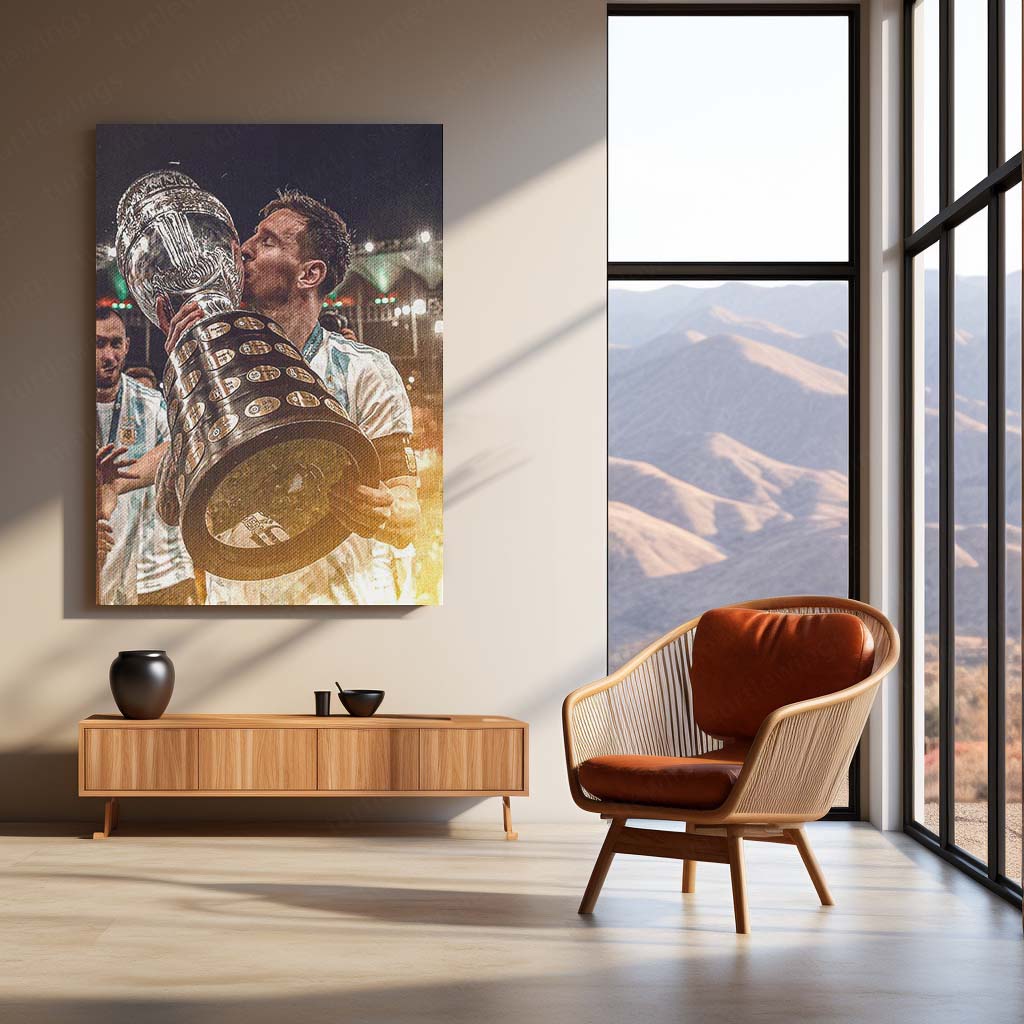 Lionel Messi Lifting Copa América Trophy – Argentina Kit Celebration Metal Frame | Iconic Football Wall Art - TURTLEWINGS