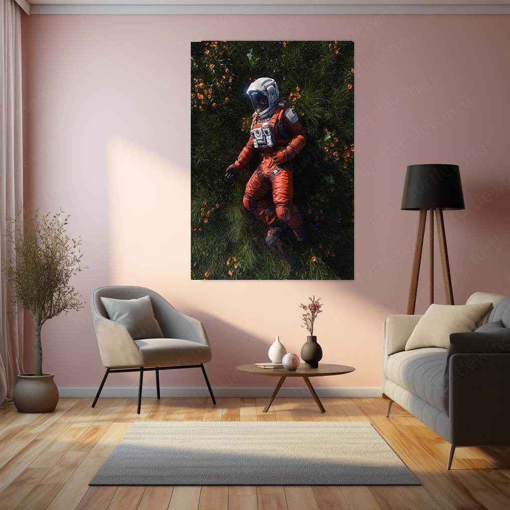 Among the Flowers – Cosmic Serenity Wall Art Astronaut Dreamscape Space Metal Frame by TurtleWings
