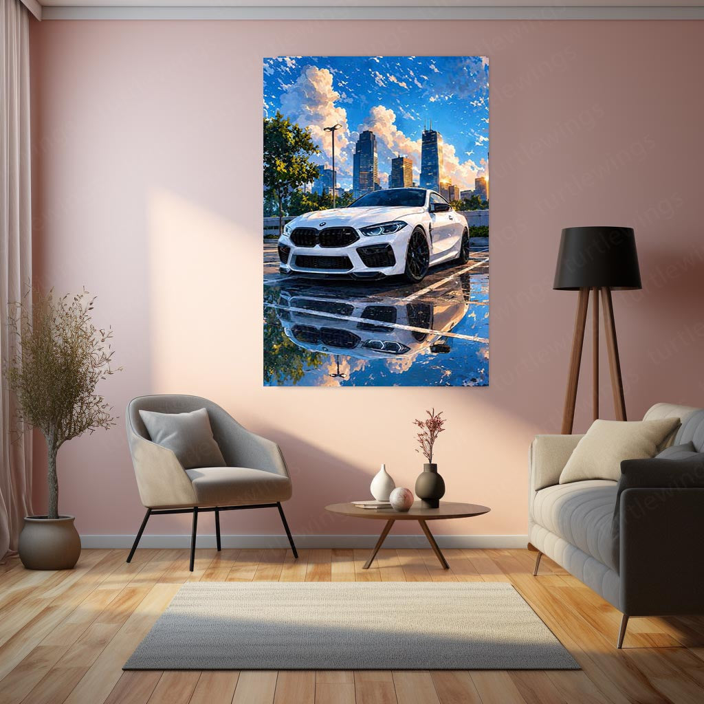 BMW M8 Competition Cityscape Metal Poster | White Luxury Sports Wall Art