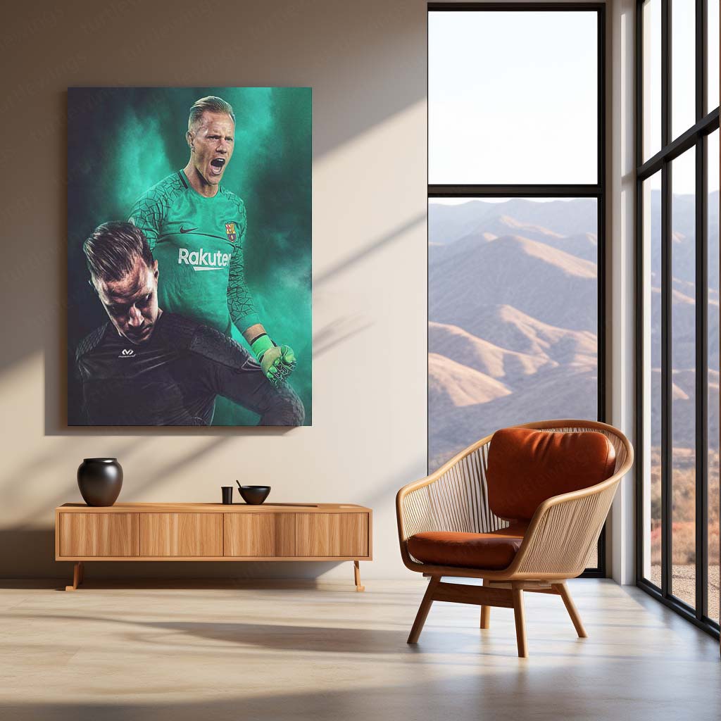 Barcelona Goalkeeper in Green – Metal Frame | Premium FC Barcelona Wall Art - TURTLEWINGS