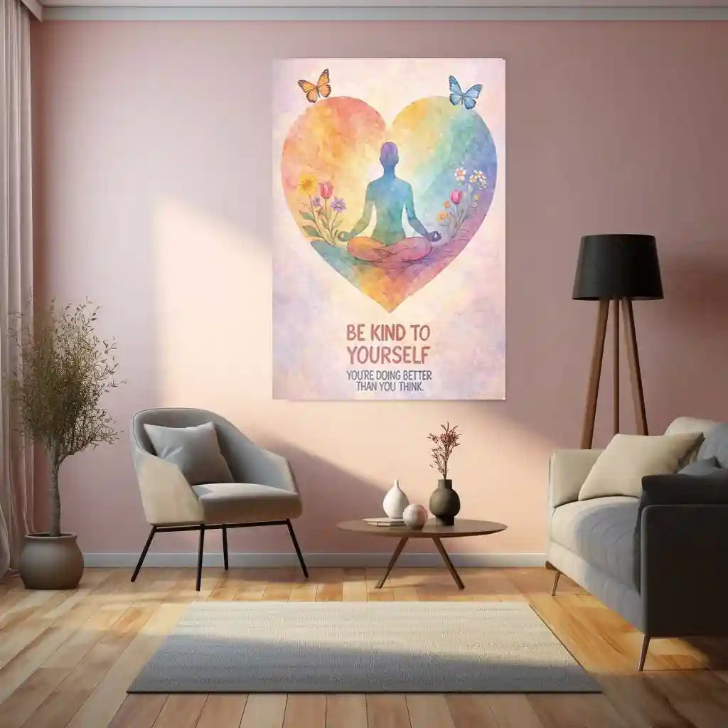 Quote Metal Poster | Be Kind to Yourself – Self Love & Mindfulness Wall Art | Peaceful Meditation Inspirational Metal Frame - TURTLEWINGS