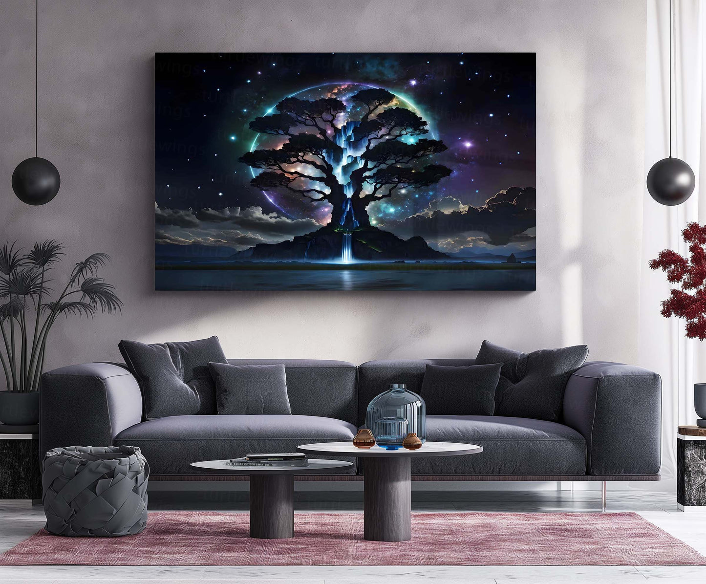 Celestial Tree of Dreams – Cosmic Universe Waterfall Artwork | Premium Metal Poster