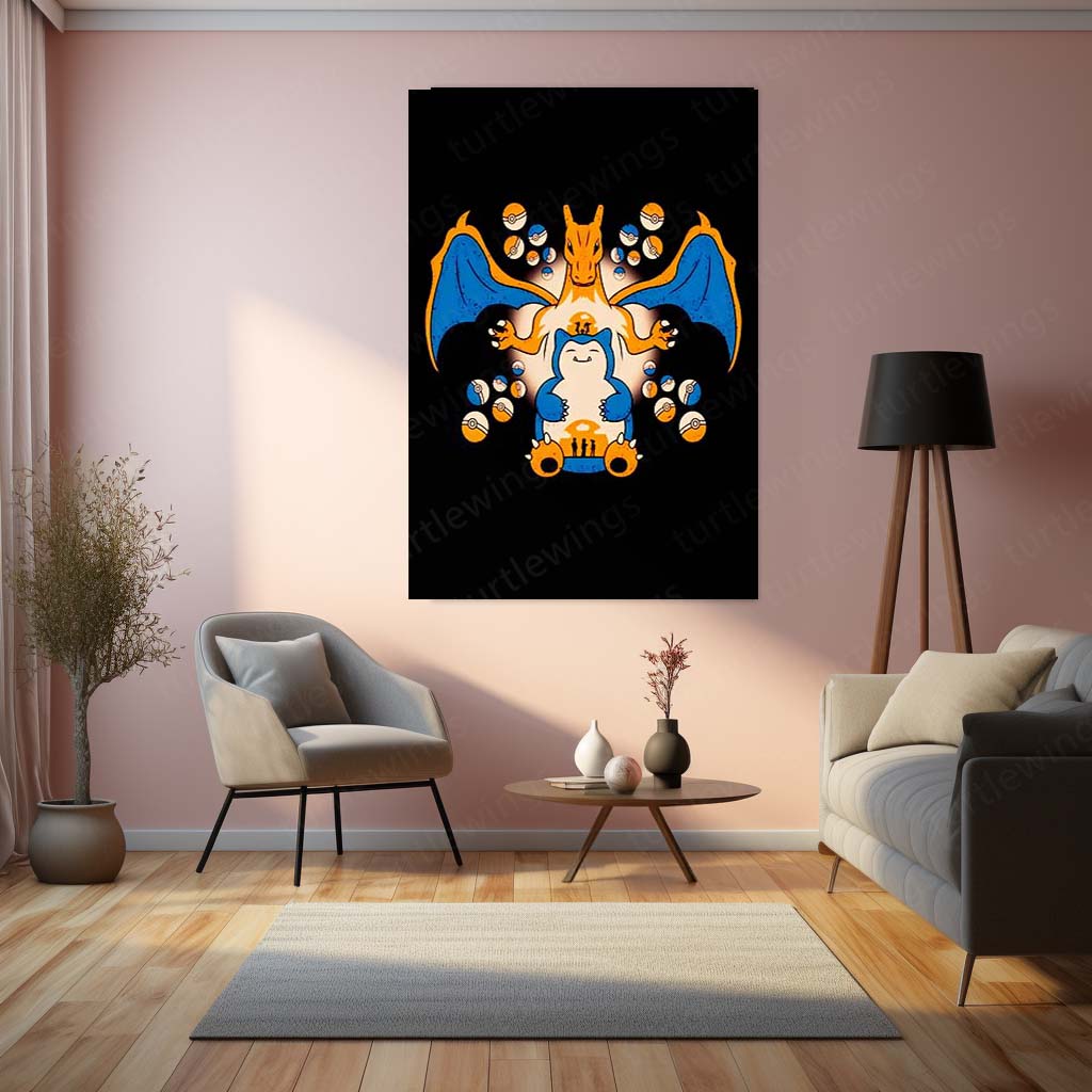 Charizard & Snorlax Power Duo Metal Poster Legendary Pokémon Wall Art | Epic Trainer Collection Metal Frame by TurtleWings