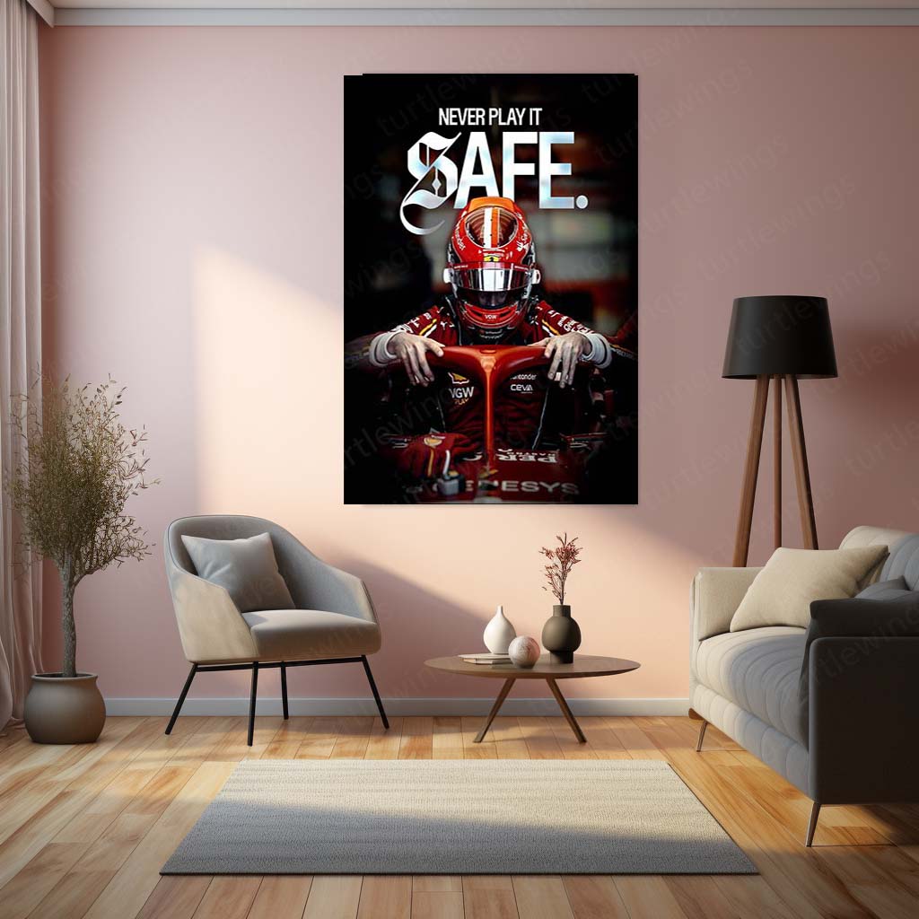 Quote Metal Poster | Charles Leclerc “Never Play It Safe” Metal Print | Ferrari Formula Racing Wall Art | Motivational Motorsport Poster