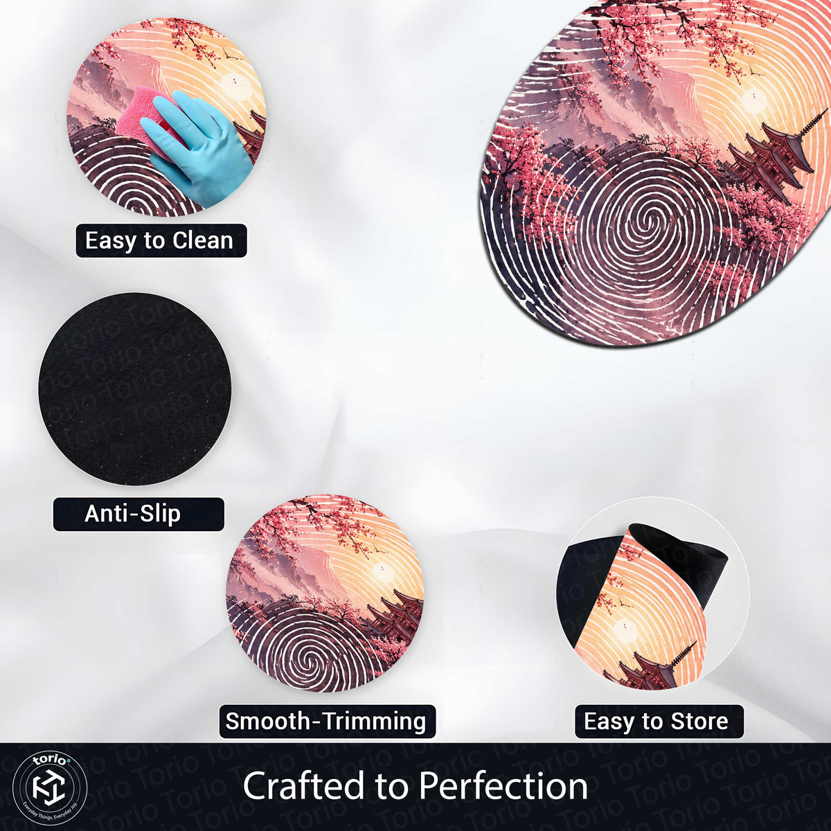 Japanese Cherry Blossom Fingerprint Shape Flat Rug | Sakura Pagoda Oval Area Flat Rug | Zen Landscape Fingerprint Flat Rug