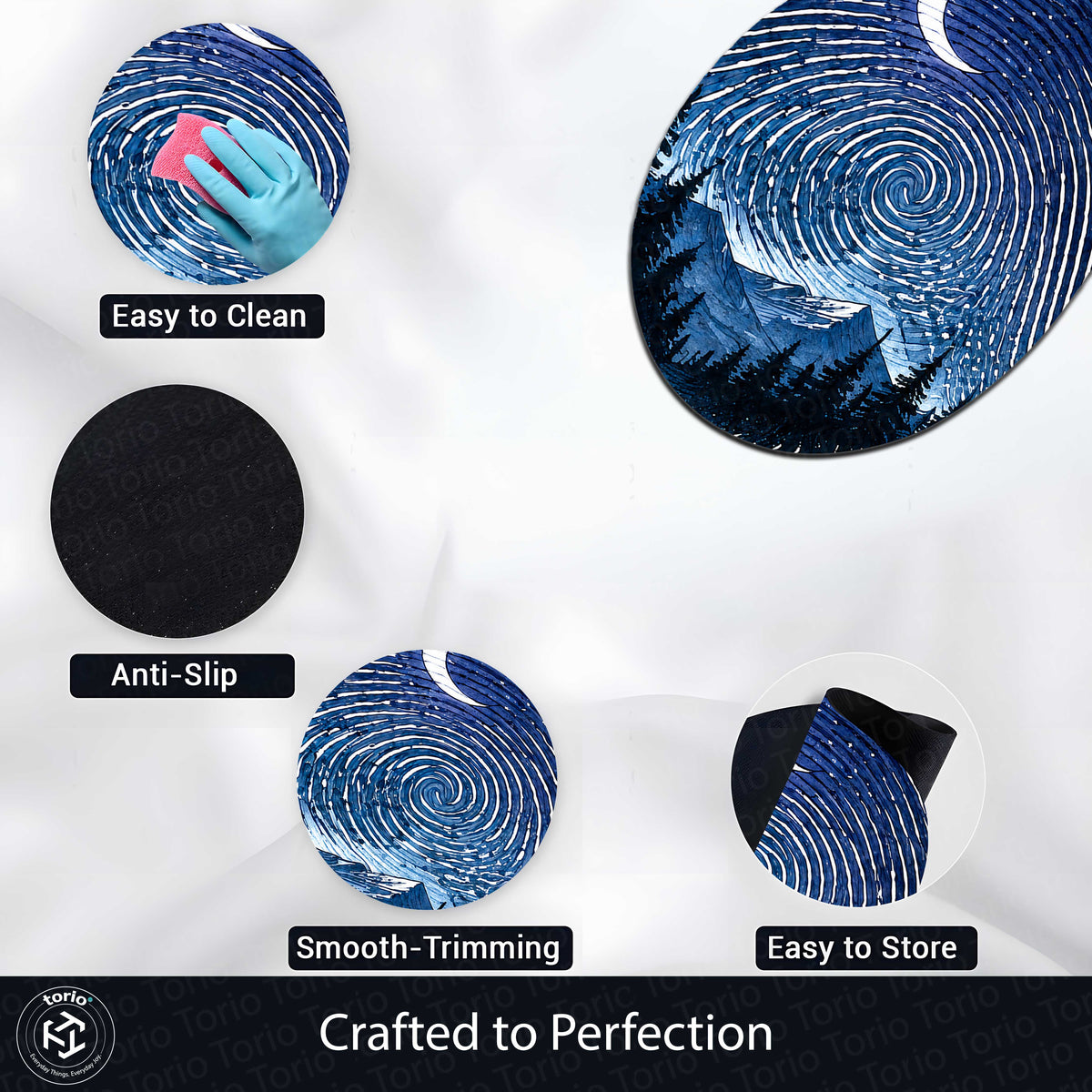 Moonlit Mountain Fingerprint Shape Flat Rug | Night Sky Oval Area Flat Rug | Celestial Fingerprint Landscape Flat Rug
