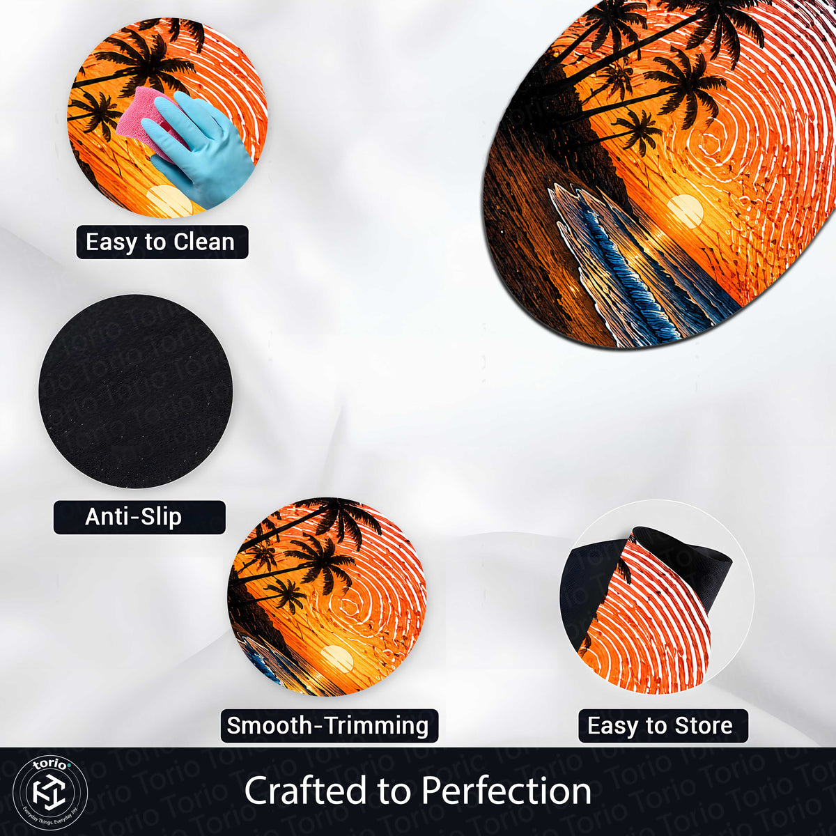 Tropical Sunset Beach Fingerprint Shape Flat Rug | Ocean Palm Tree Oval Area Flat Rug | Coastal Fingerprint Art Flat Rug for Modern Home Décor