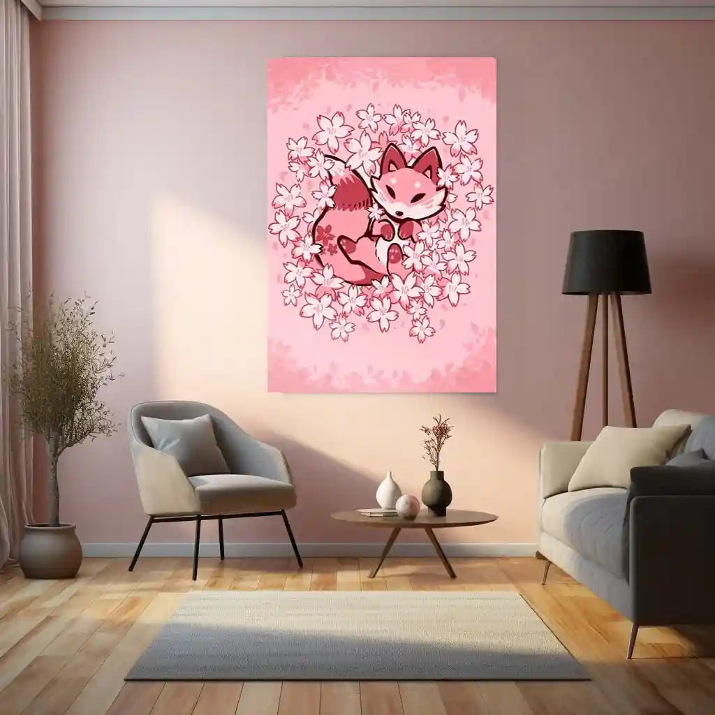 Cherry Blossom Fox | Serenity & Soft Nature Metal Frame Peaceful Aesthetic Wall Art - TURTLEWINGS