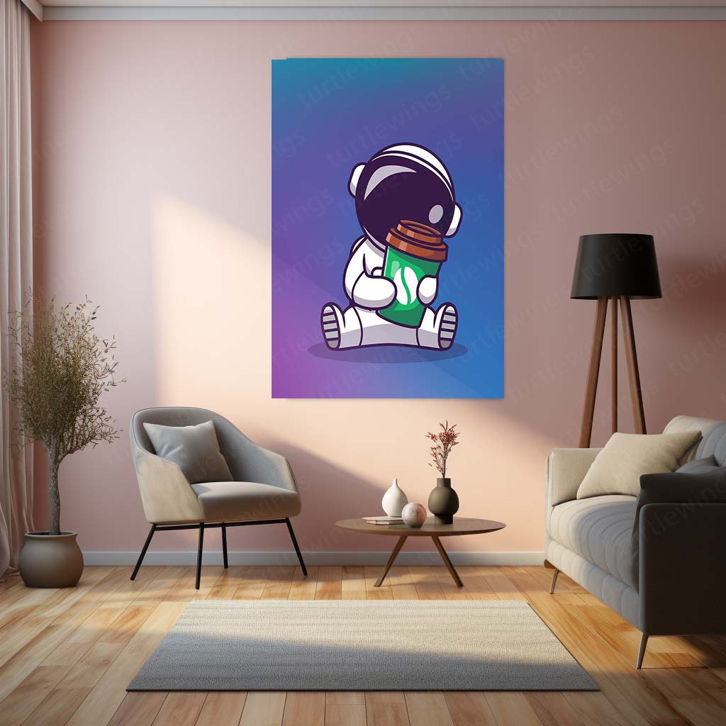 Cosmic Coffee Astronaut Metal Poster | Space Explorer Aesthetic Wall Art Cute Galaxy Coffee Lover Metal Frame by TurtleWings