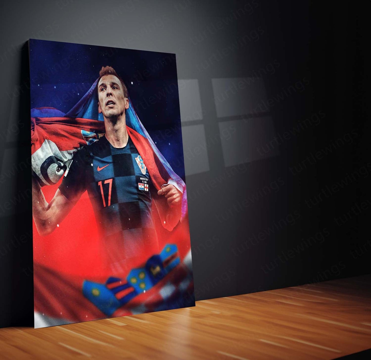 Croatia National Team Player Draped in Flag – Dark Kit Metal Frame | Patriotic Football Wall Art - TURTLEWINGS