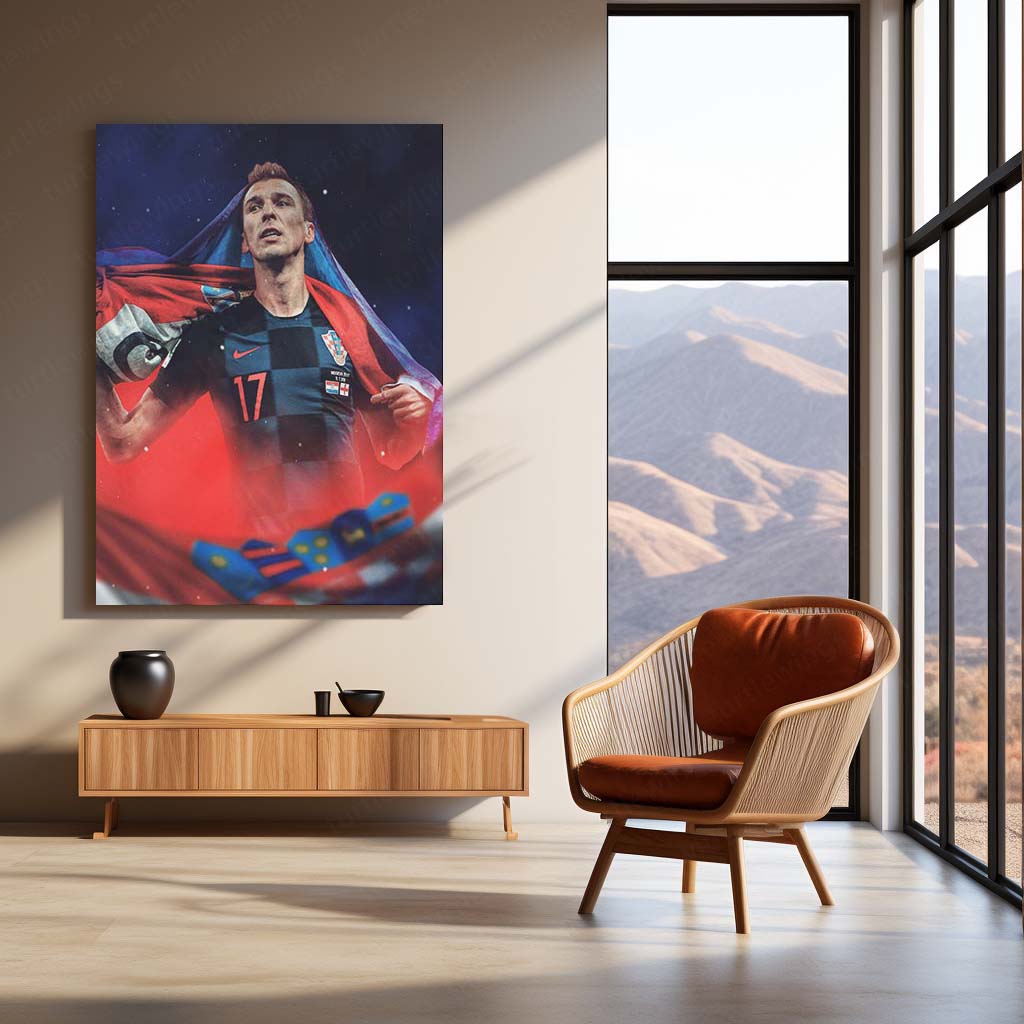 Croatia National Team Player Draped in Flag – Dark Kit Metal Frame | Patriotic Football Wall Art - TURTLEWINGS
