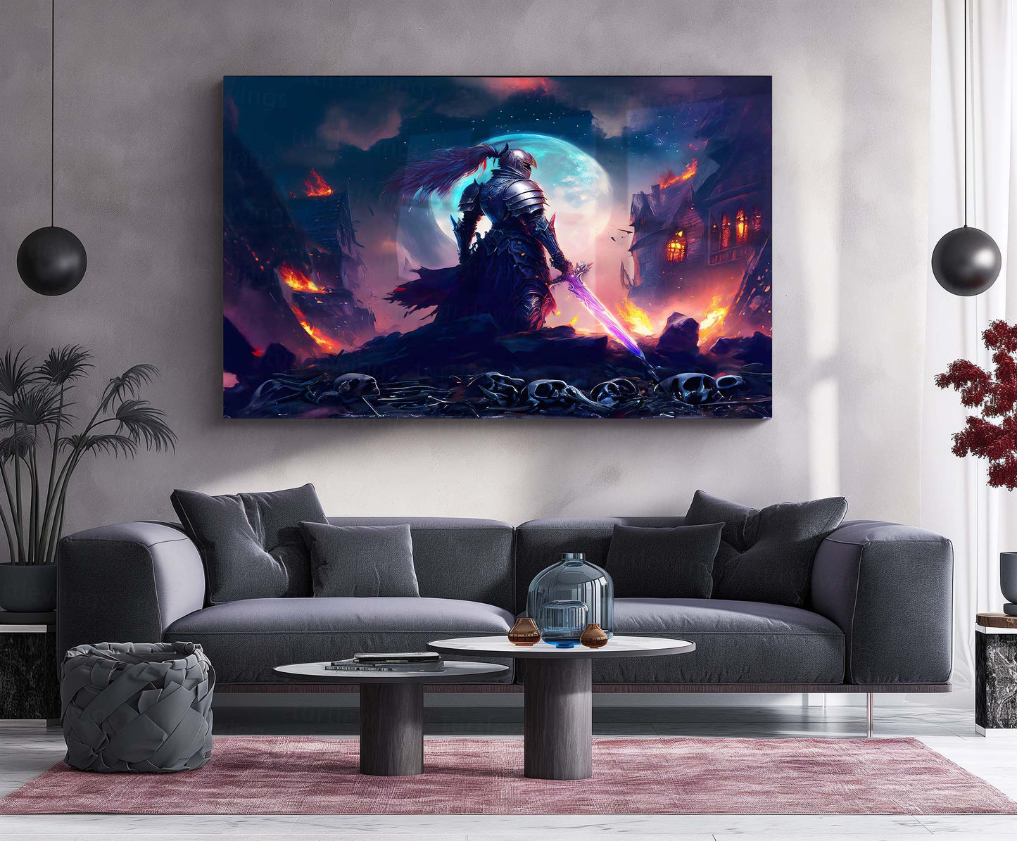 Dark Knight With Burning Village Metal Poster | Epic Fantasy Warrior Wall Art