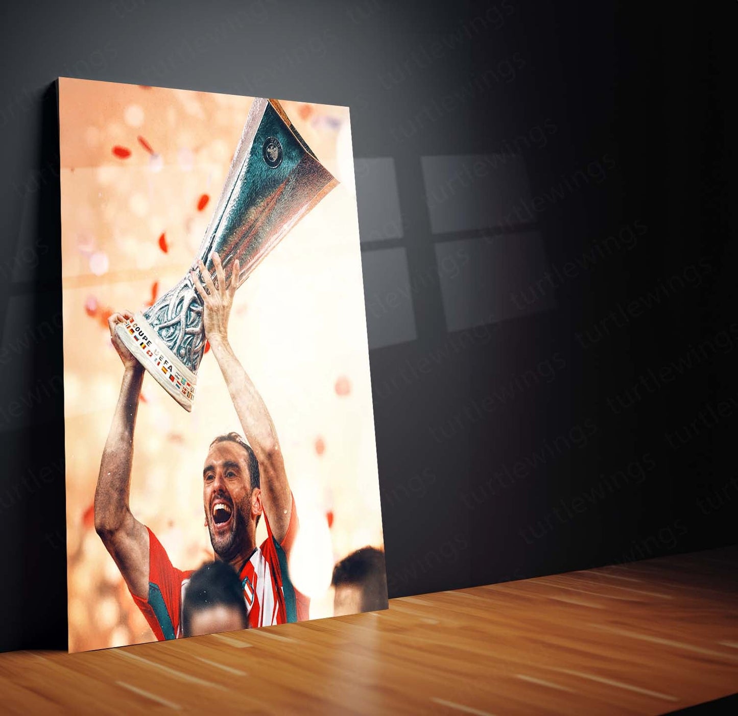 Diego Godín Lifting UEFA Europa League Trophy – Metal Frame | Atlético Madrid Glory Wall Art - TURTLEWINGS