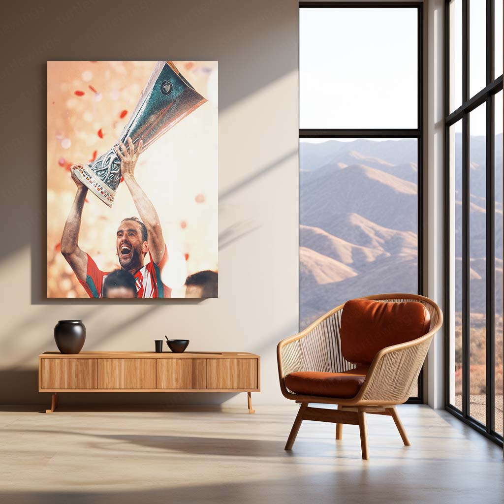 Diego Godín Lifting UEFA Europa League Trophy – Metal Frame | Atlético Madrid Glory Wall Art - TURTLEWINGS