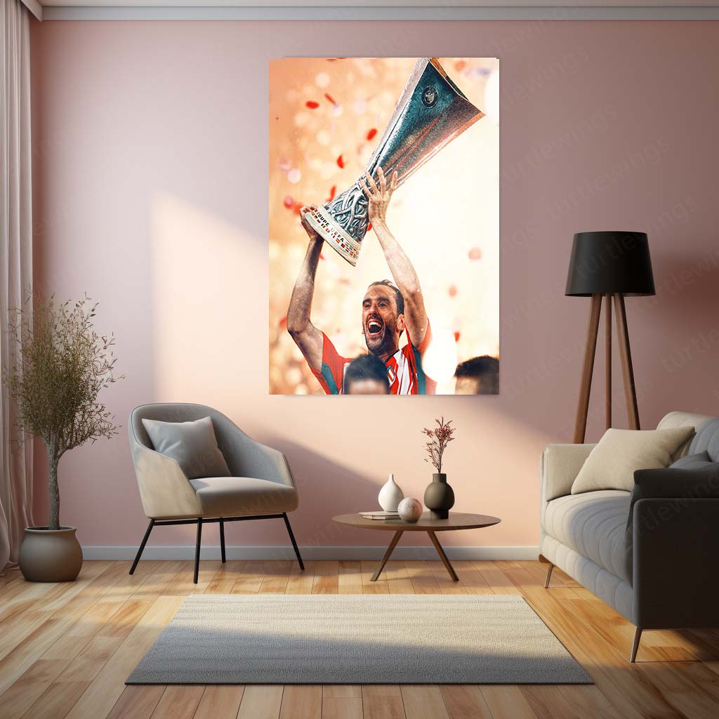 Diego Godín Lifting UEFA Europa League Trophy – Metal Frame | Atlético Madrid Glory Wall Art - TURTLEWINGS
