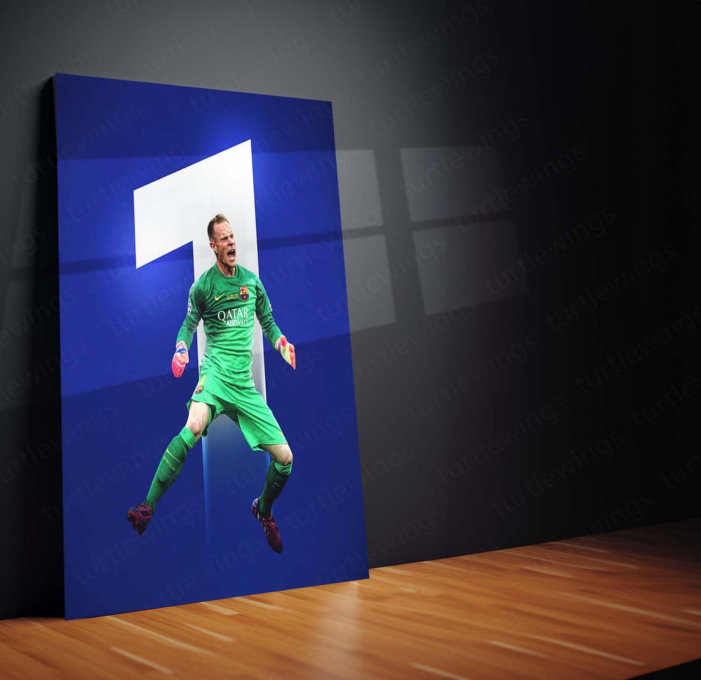 Barcelona Goalkeeper in Green Kit – Airborne Save with #1 Backdrop – Metal Frame | Dynamic Football Wall Art - TURTLEWINGS