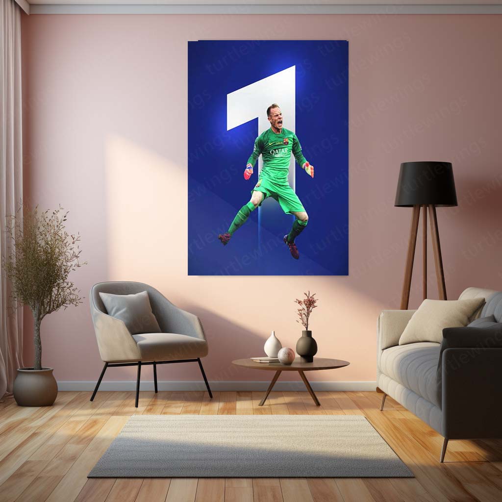 Barcelona Goalkeeper in Green Kit – Airborne Save with #1 Backdrop – Metal Frame | Dynamic Football Wall Art - TURTLEWINGS