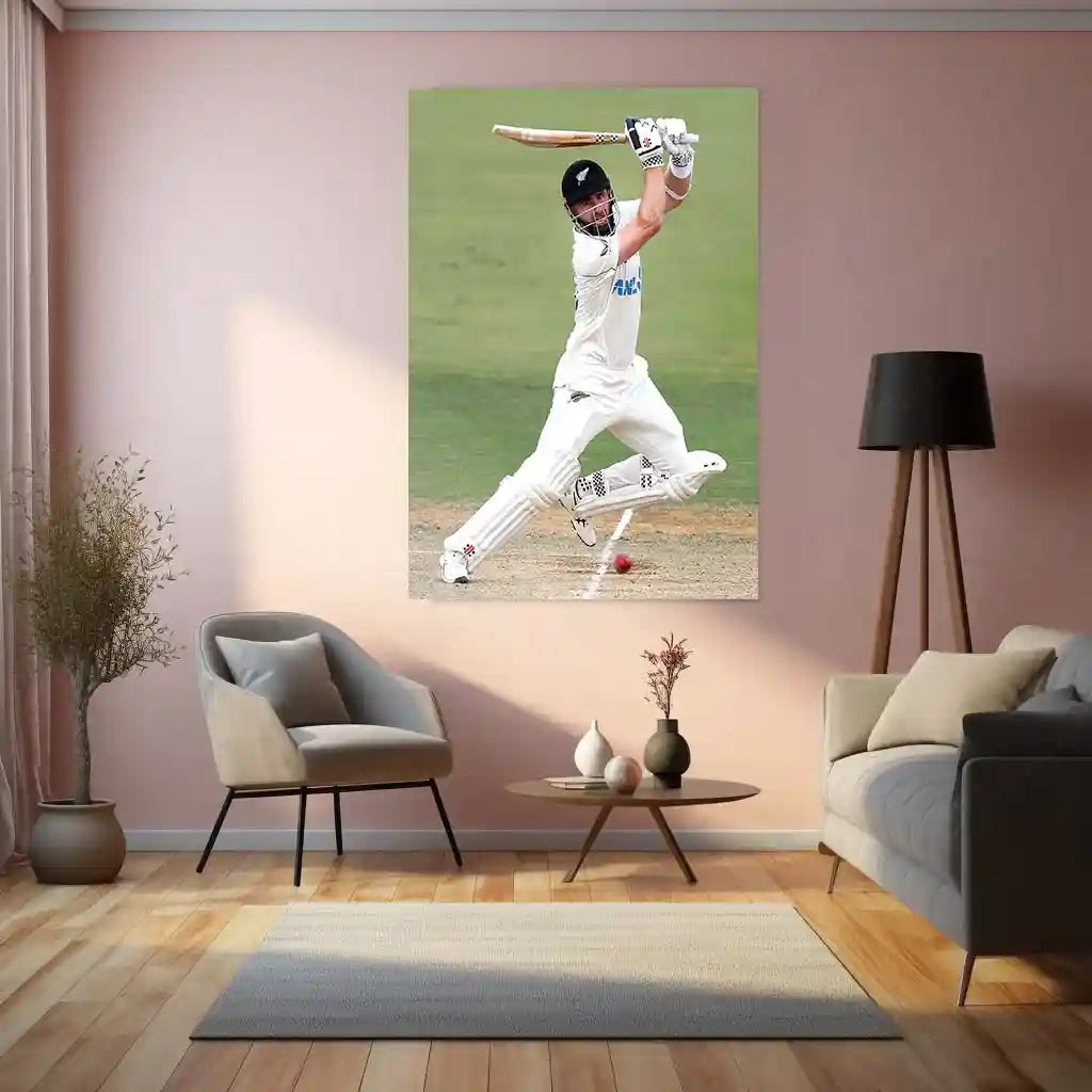 Cricket Metal Poster | Kane Williamson Metal Poster | New Zealand Cricket Legend Wall Art | Elegant Batsman Portrait Frame - TURTLEWINGS