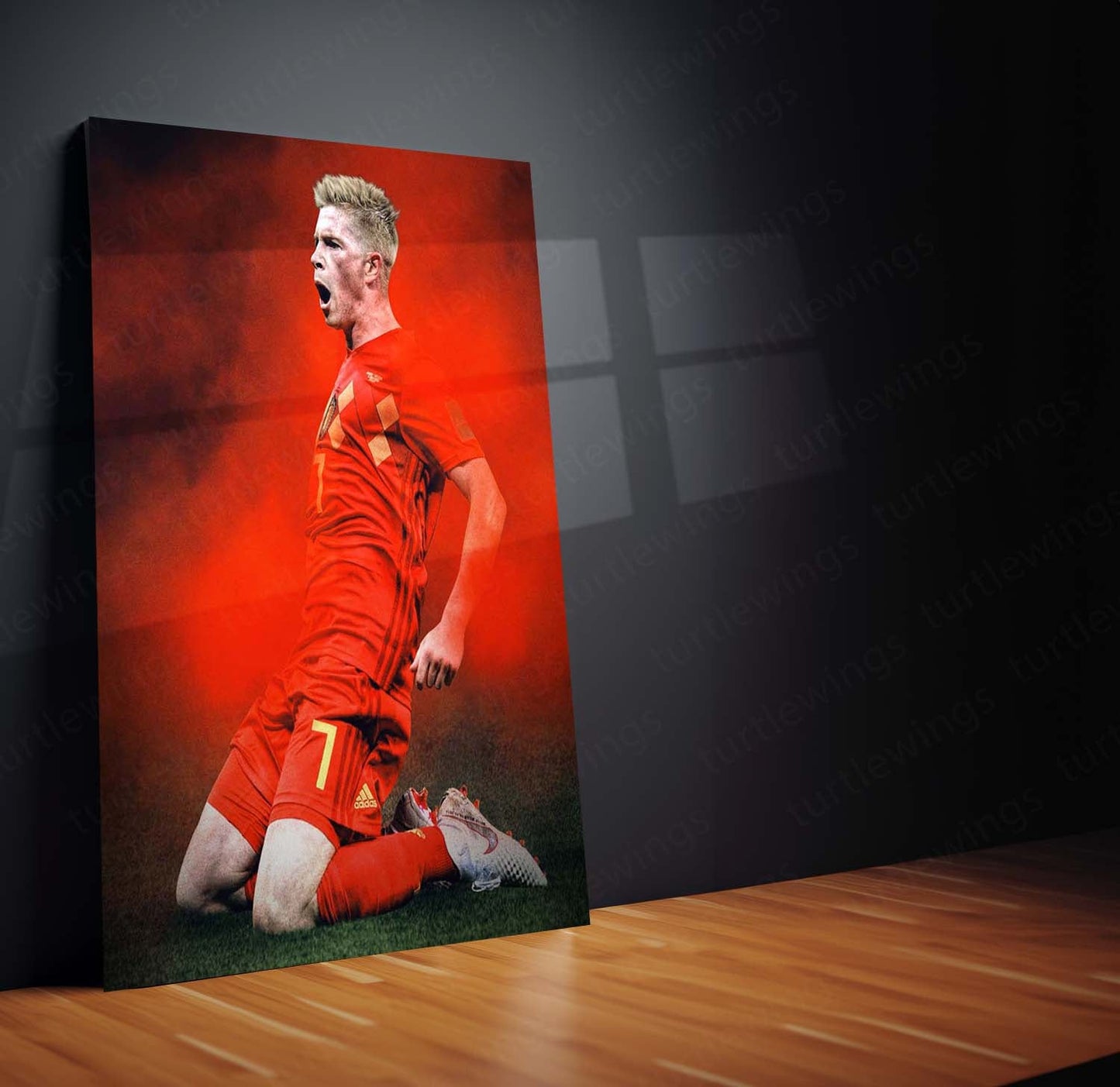 Kevin De Bruyne Belgium Jersey – Red Smoke Background Metal Frame | Midfield Maestro Wall Art - TURTLEWINGS
