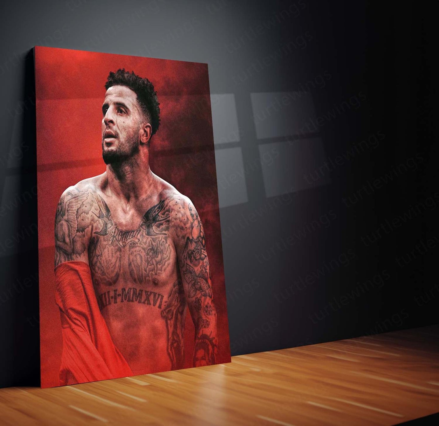 Kyle Walker Shirtless Portrait – Red Smoke Background Metal Frame | Athletic Strength Wall Art - TURTLEWINGS