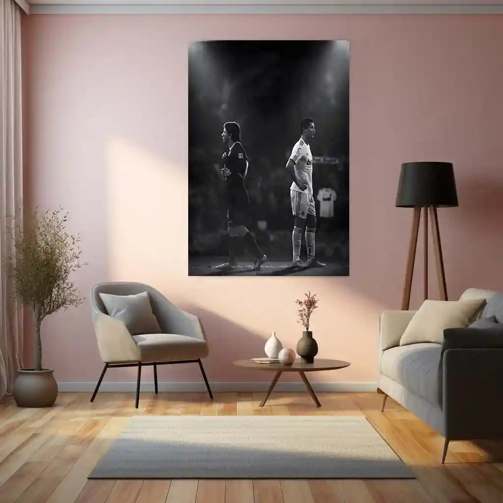 Lionel Messi × Cristiano Ronaldo – Two Paths to Greatness Metal Frame Football GOAT Rivalry Wall Art | Legacy, Discipline & Greatness Mindset Metal Poster - TURTLEWINGS