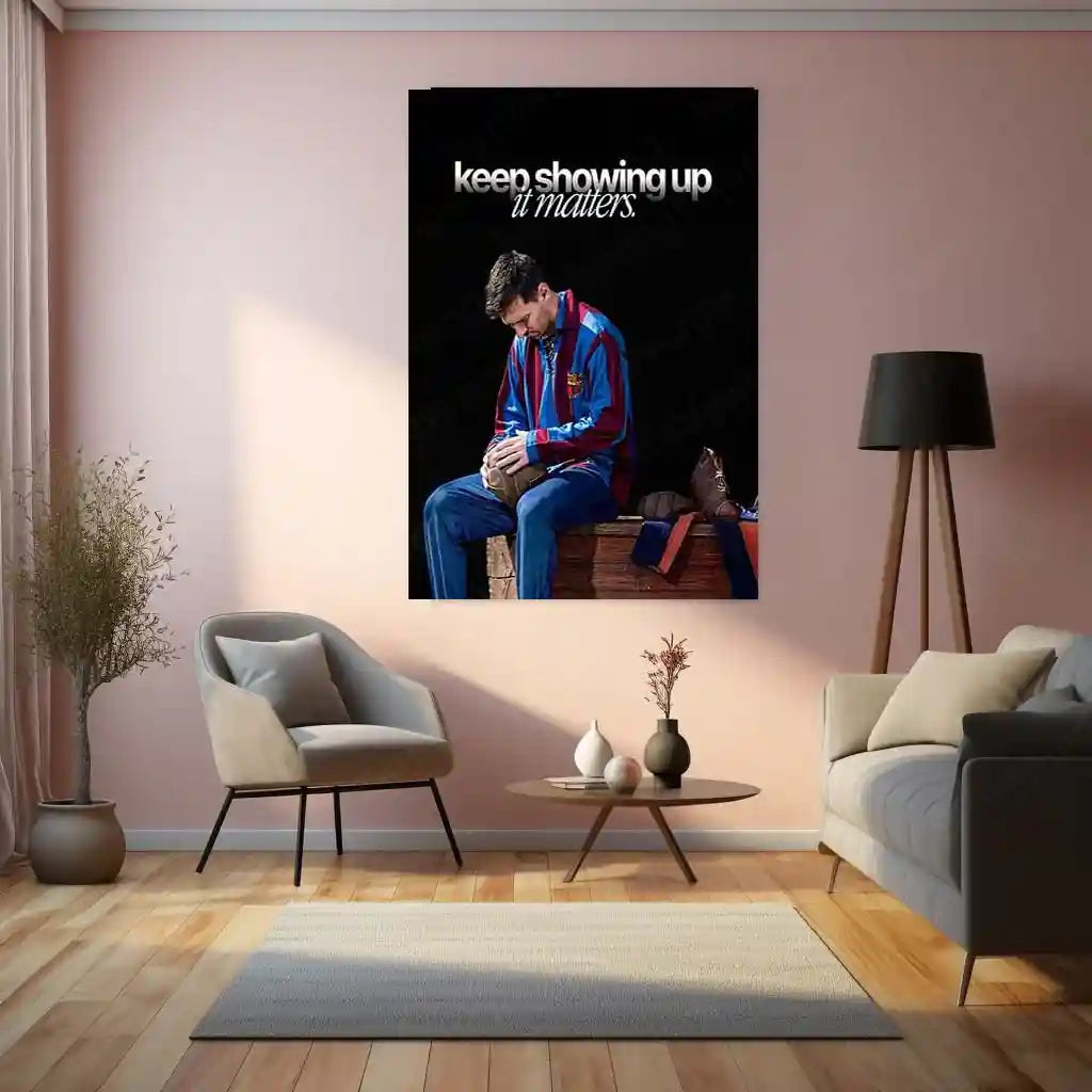 Quote Metal Poster | Lionel Messi – “keep showing up, it matters.” Quote | Football Motivation Metal Frame Wall Art - TURTLEWINGS