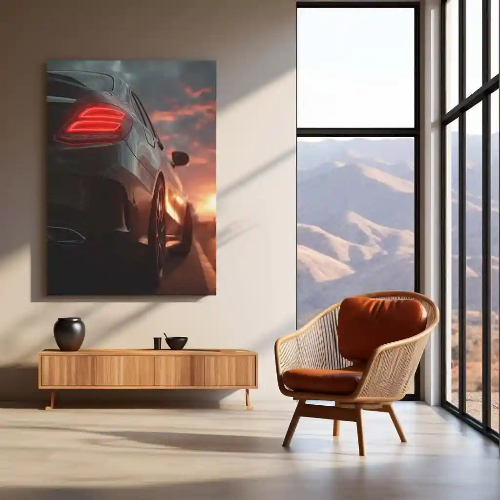 Mercedes Coupe – Sunset Drive Neon LED Metal Poster | Luxury Car Glow Art | Golden Hour Automotive Wall Frame - TURTLEWINGS
