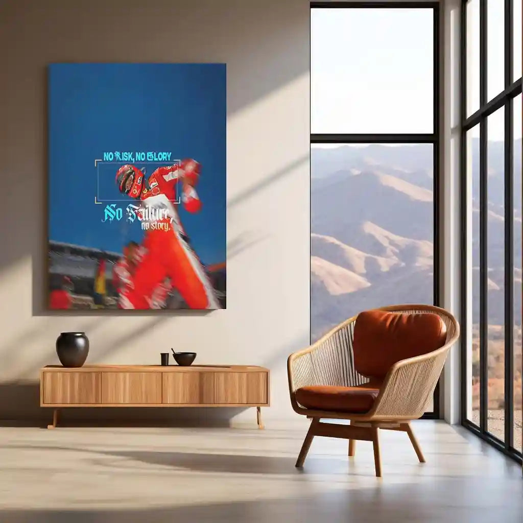 Quote Metal Poster | Michael Schumacher – NO RISK, NO GLORY | No Failure, No Story | Legacy, Courage & Champion Mindset Metal Frame - TURTLEWINGS