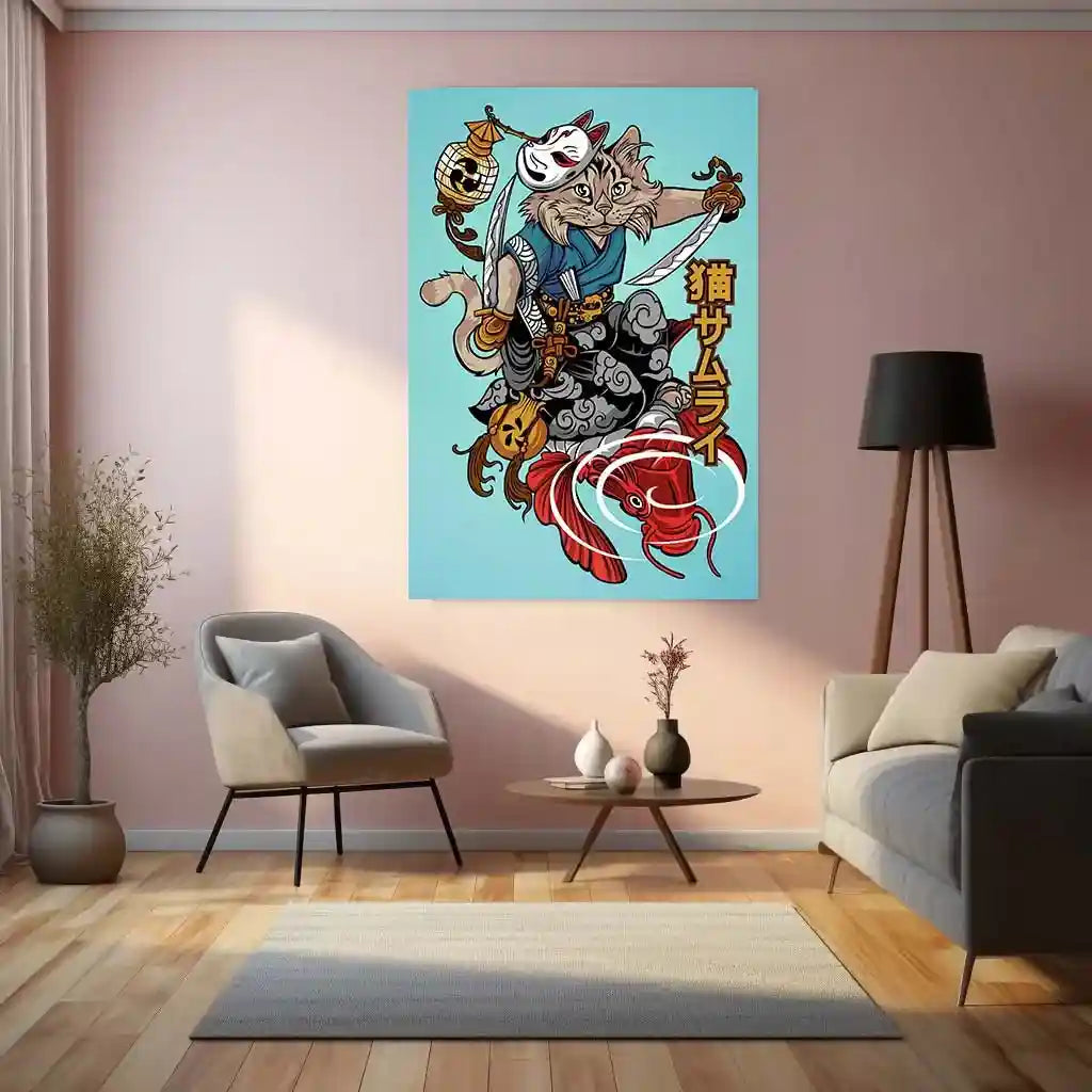 Anime Metal Poster | Nekoma Samurai Metal Poster | Feline Warrior Wall Art | Japanese Anime-Inspired Decor - TURTLEWINGS