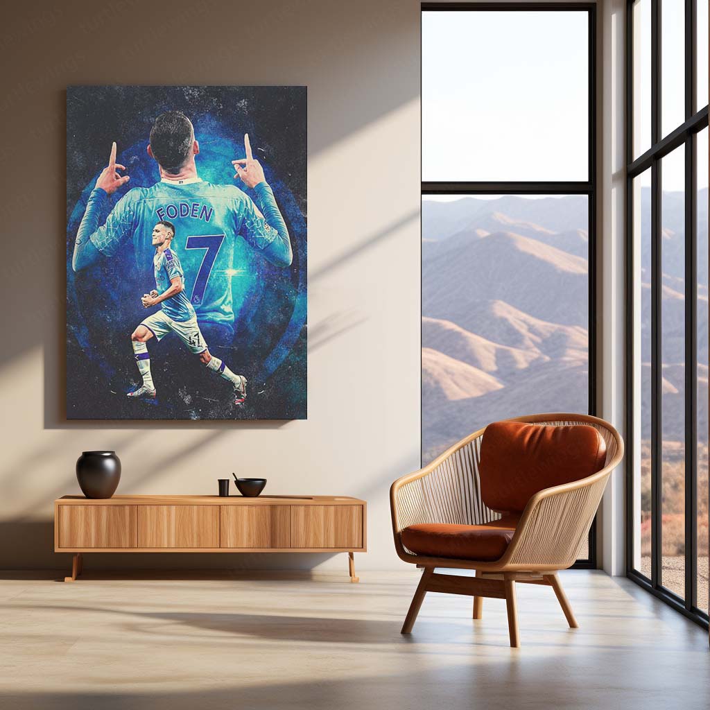 Phil Foden Manchester City Metal Frame – Double Exposure Poster | Futuristic Football Wall Art - TURTLEWINGS