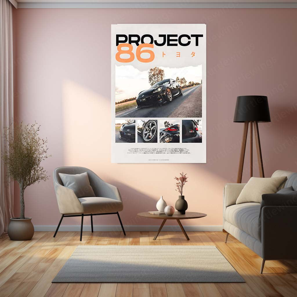 Car Metal Poster | Project 86 – Toyota GR86 Edition | JDM Performance Metal Frame | Automotive Wall Art