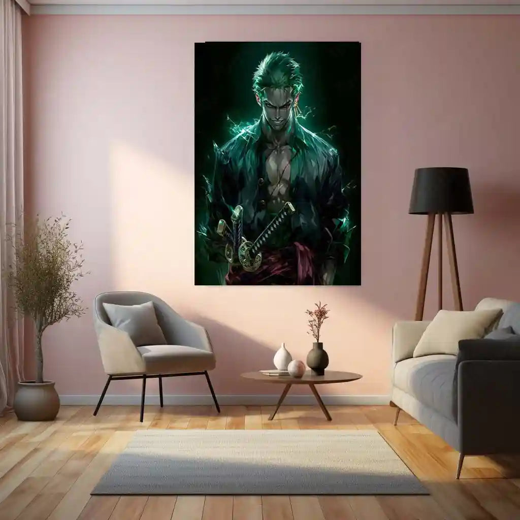 Anime Metal Poster | Roronoa Zoro Metal Poster | One Piece Anime Wall Art | Three Sword Style Zoro Frame | Anime Room Decor - TURTLEWINGS