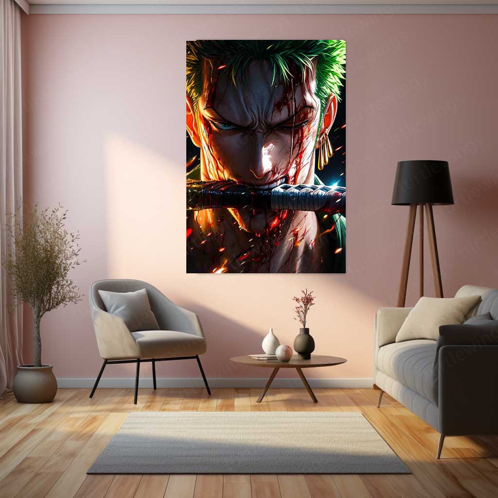 Anime Metal Poster | One Piece Metal Poster | Battle-Worn Roronoa Zoro Wall Art | Epic Three Sword Style Anime Metal Frame