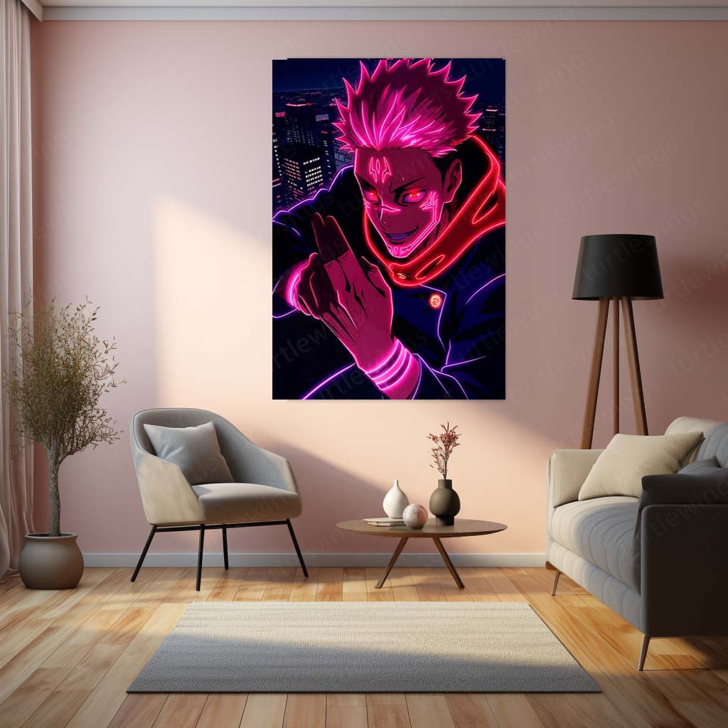 Anime Metal Poster | Ryomen Sukuna Neon Curse Jujutsu Kaisen Wall Art
