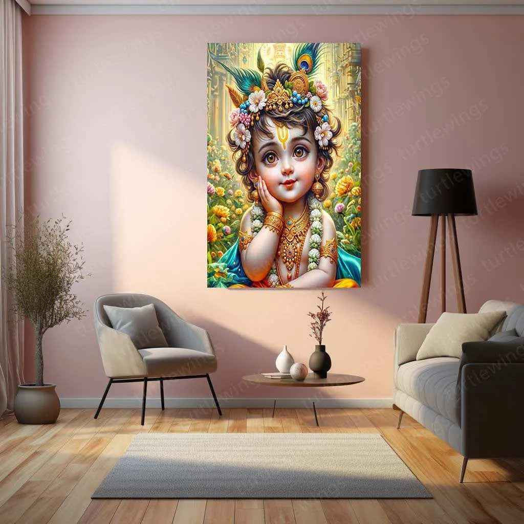 Shri Krishna Metal Poster – Divine Wall Art of Lord Krishna | Spiritual & Mythological Decor - TURTLEWINGS