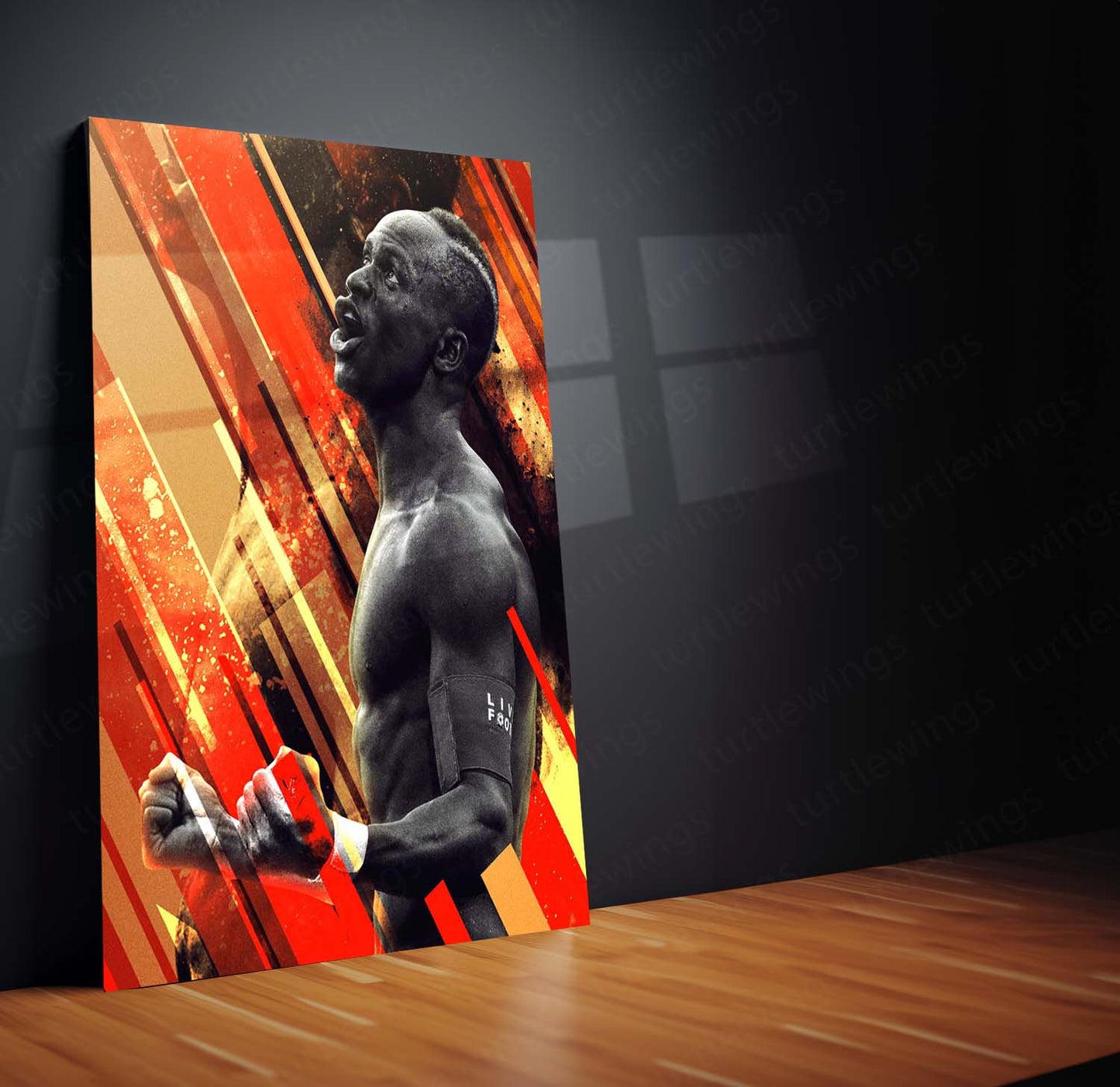 Sadio Mané Liverpool Metal Frame – Power Pose with Abstract Red Stripes | Premier League Wall Art - TURTLEWINGS