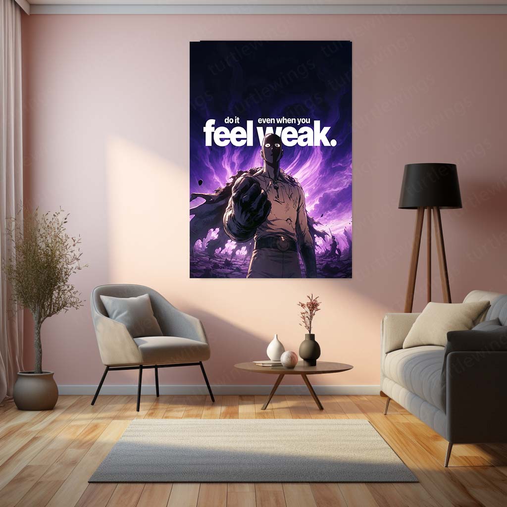 Anime Metal Poster | Saitama – Do It Even When You Feel Weak | One Punch Man Motivational Metal Frame | Strength & Discipline Anime Wall Art by TurtleWings