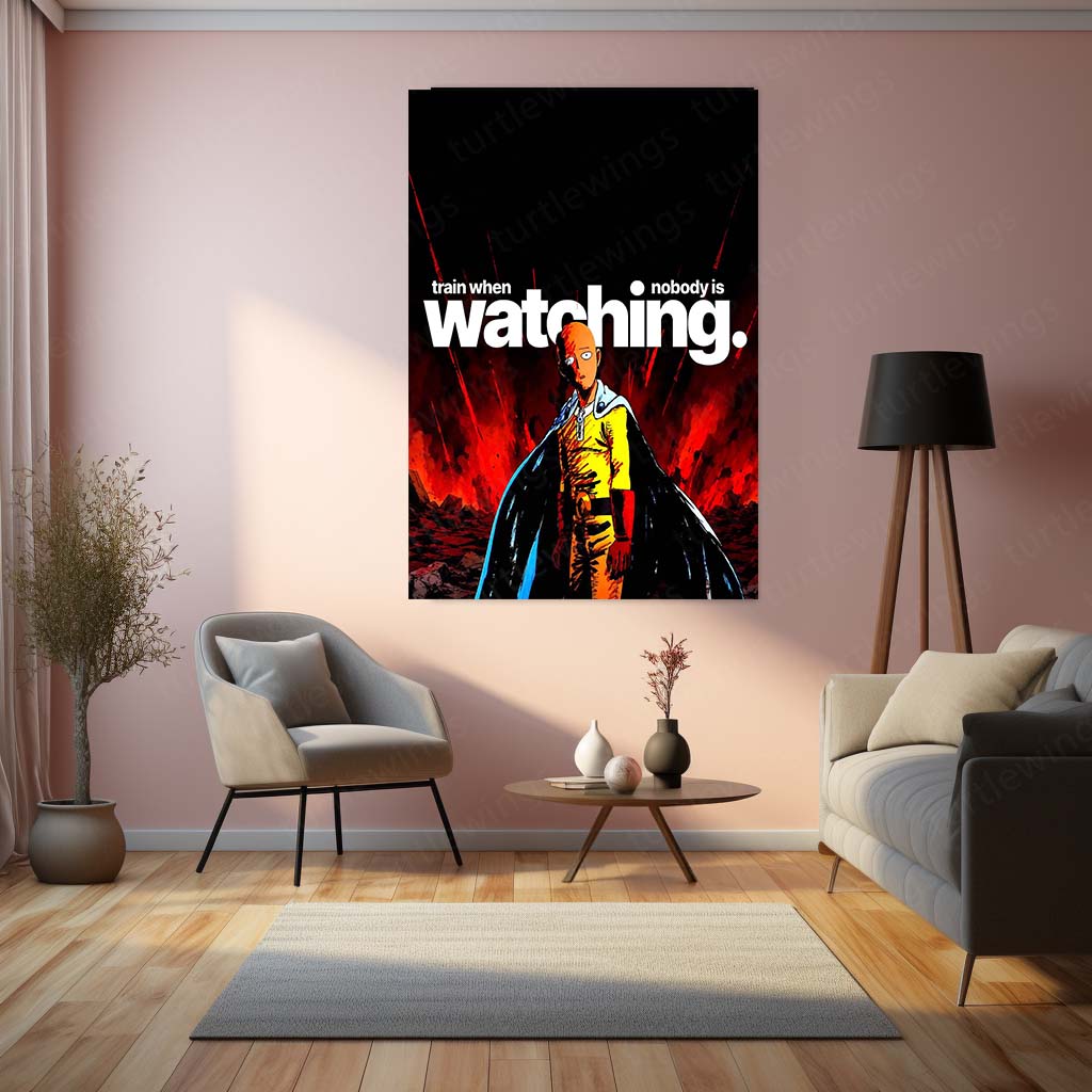 Anime Metal Poster | Saitama – Train When Nobody Is Watching | One Punch Man Motivational Metal Frame | Discipline & Consistency Anime Wall Art by TurtleWings