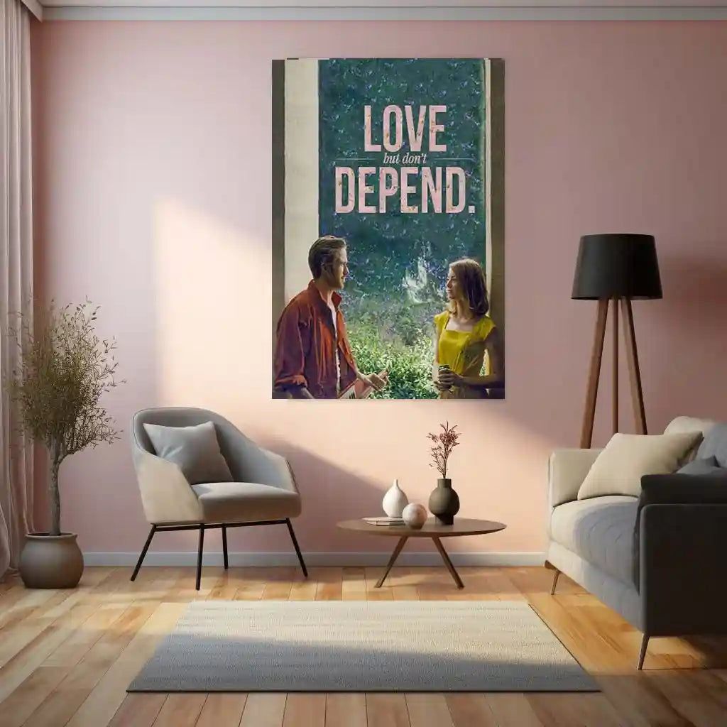 Quote Metal Poster | Sebastian Wilder & Mia Dolan - “LOVE, but don’t DEPEND.” Quote Metal Frame Wall Art | La La Land Inspired Couple Aesthetic Poster - TURTLEWINGS