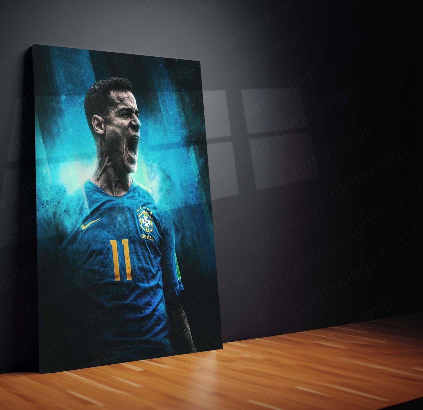 Philippe Coutinho Brazil Metal Frame – No. 11 with Stylized Blue Background | Seleção Wall Art - TURTLEWINGS