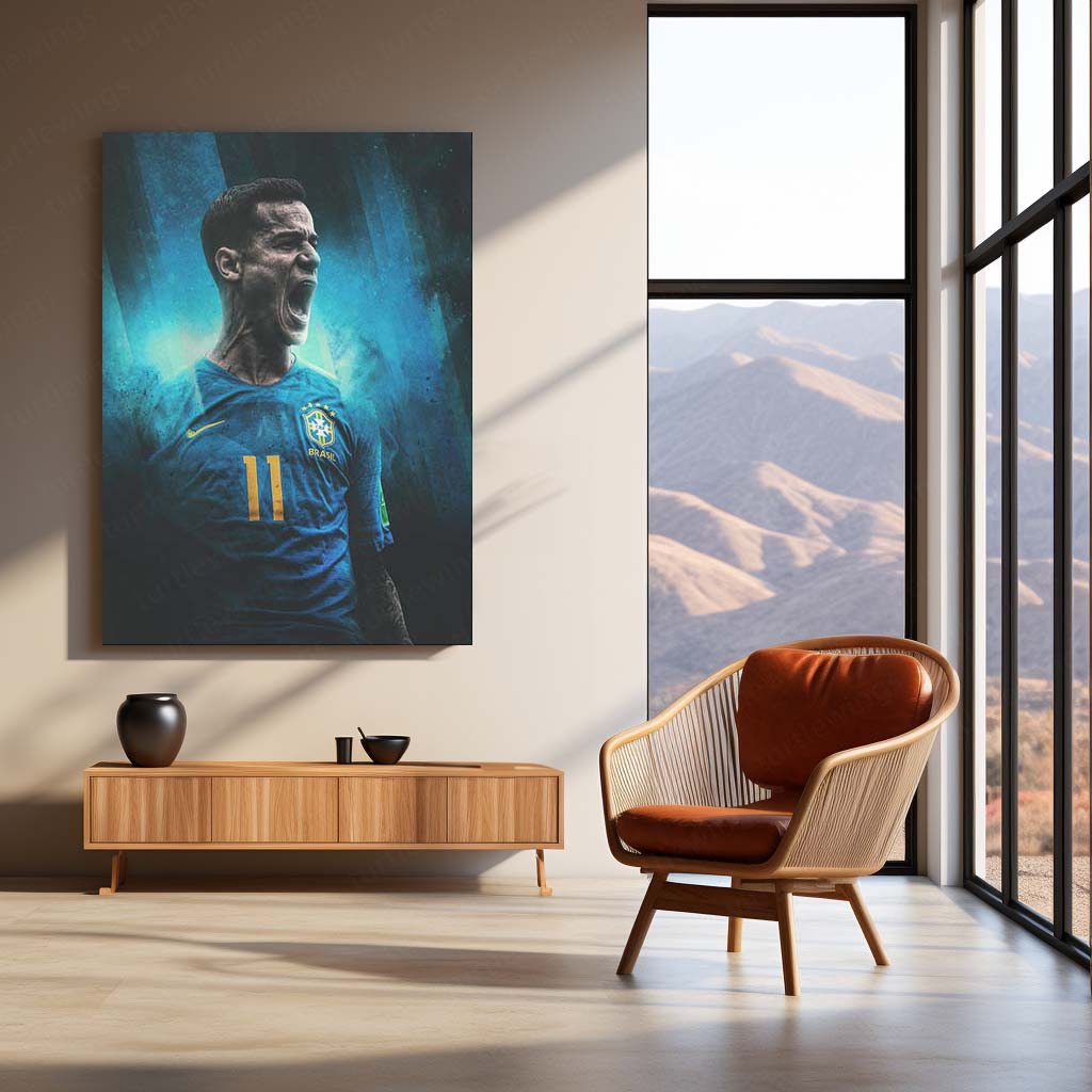 Philippe Coutinho Brazil Metal Frame – No. 11 with Stylized Blue Background | Seleção Wall Art - TURTLEWINGS