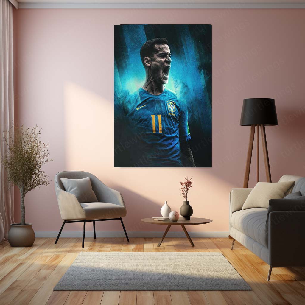 Philippe Coutinho Brazil Metal Frame – No. 11 with Stylized Blue Background | Seleção Wall Art - TURTLEWINGS