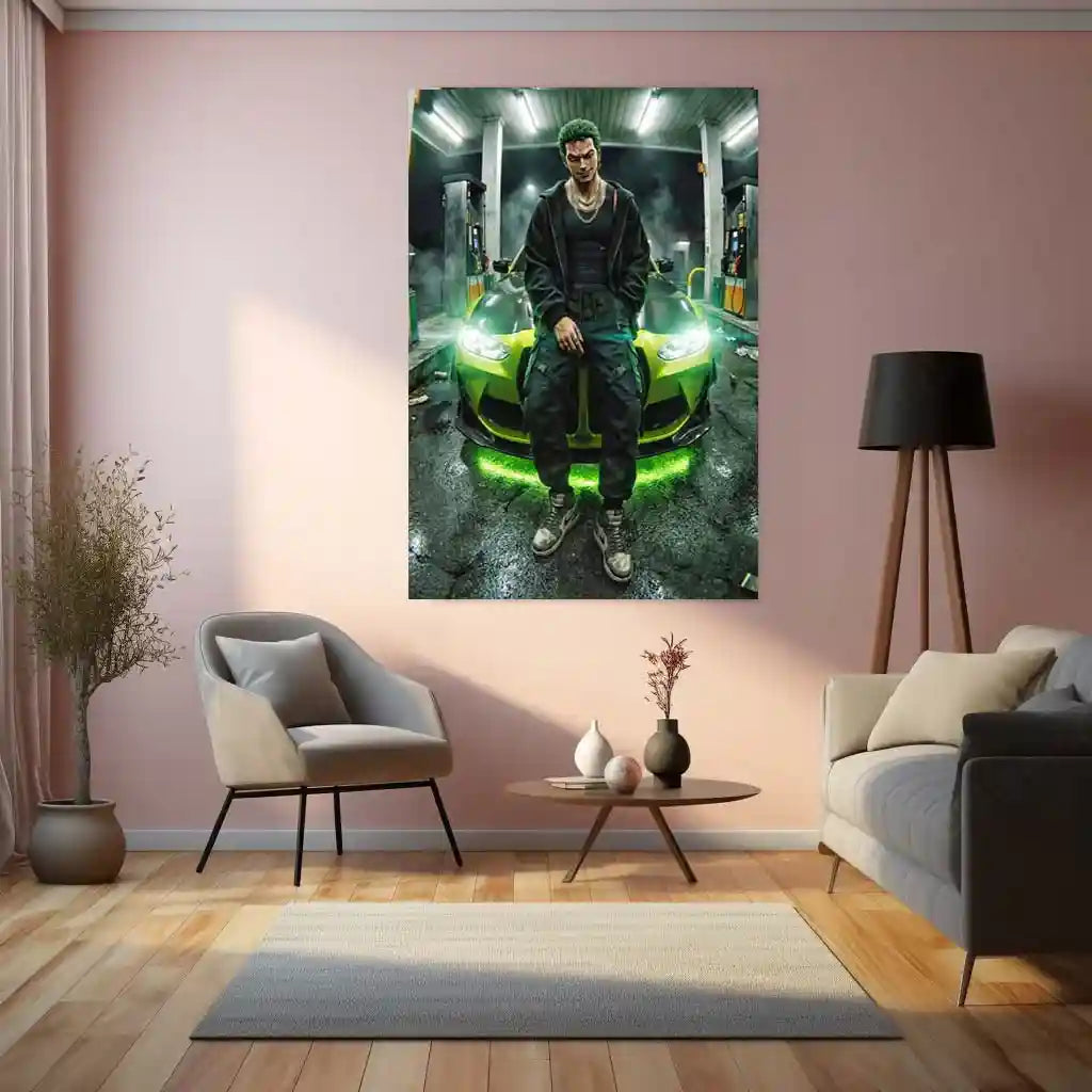 Zoro Street Car Metal Poster | Anime Drift Aesthetic Wall Art | One Piece Roronoa Zoro Car Frame | Anime Room Decor - TURTLEWINGS