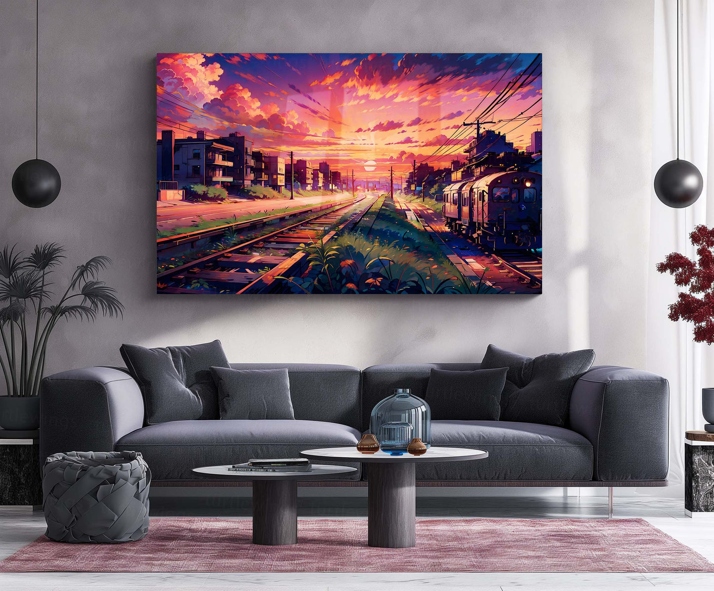 Sunset Train Tracks Metal Poster | Aesthetic Cityscape Wall Art | Metal Poster