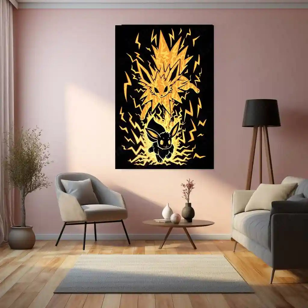 Anime Metal Poster | Pokemon The Electric Evolution Within | Thunder Awakening Metal Frame Inner Energy & Power Transformation Anime Wall Art - TURTLEWINGS
