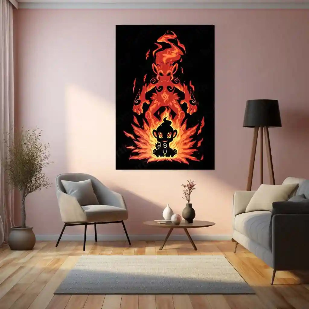 Anime Metal Poster | The Fire Ape Stance Within | Pokemon Evolution Flame Metal Frame Inner Power, Discipline & Blazing Awakening Wall Art - TURTLEWINGS