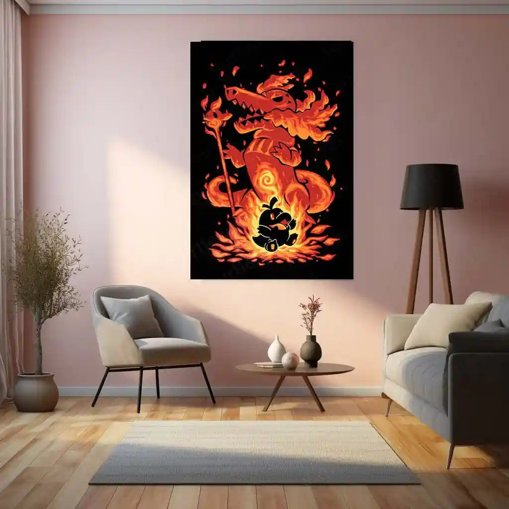 Anime Metal Poster | The Fire Singer Within | Pokemon Evolution Flame Metal Frame Inner Power, Passion & Burning Will Wall Art - TURTLEWINGS