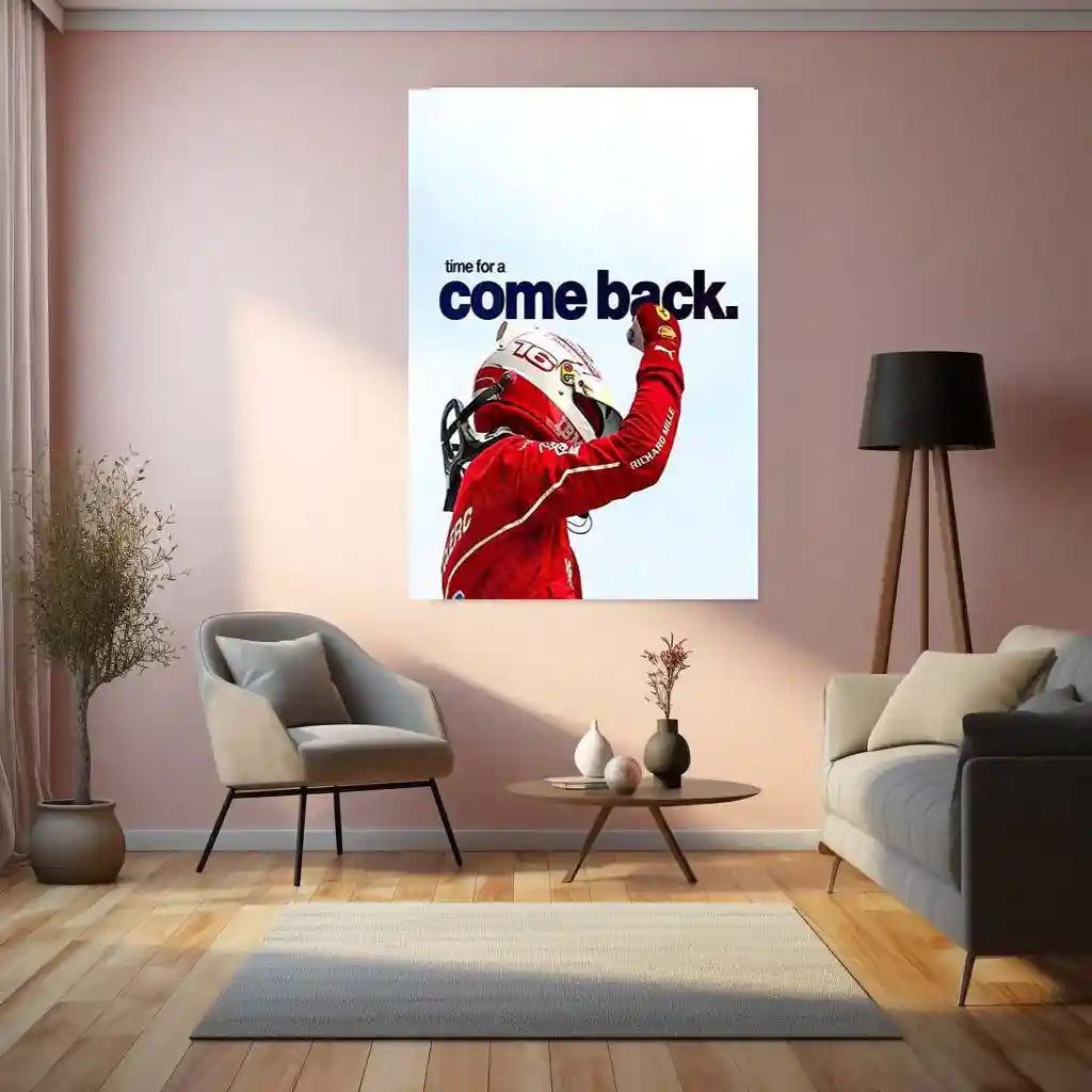 Quote Metal Poster | Charles Leclerc – Time for a Comeback Metal Frame Resilience, Redemption & Ferrari Fighting Spirit Wall Art | F1 Reset Mindset Metal Poster - TURTLEWINGS